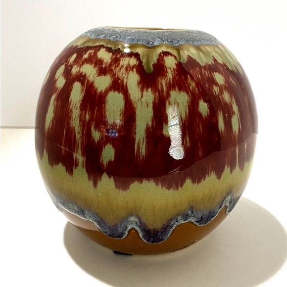 Rust, Tan and Blue Crystalline Drip Glaze Ceramic Round Ball Votive Candleholder - Picture 2 of 7